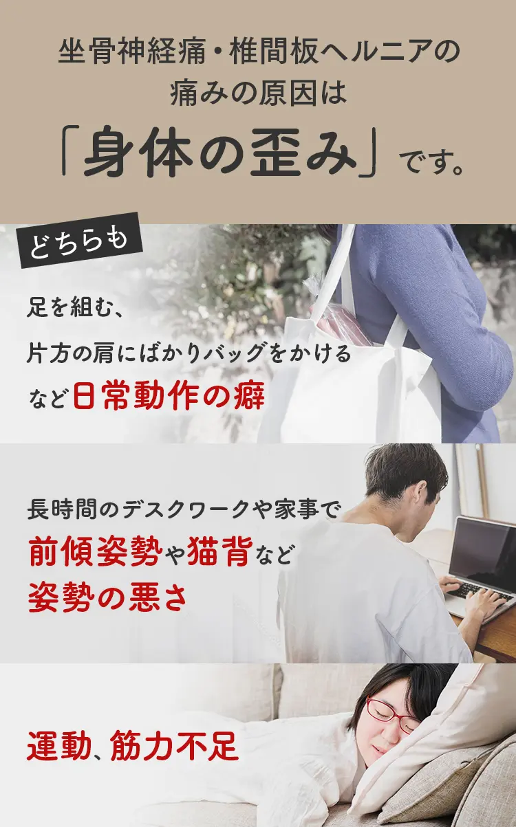 足を組む、片方の肩にバッグをかける、長時間のデスクワークでの前傾姿勢や猫背、運動不足など、日常生活の癖が身体の歪みを作るイメージ画像。