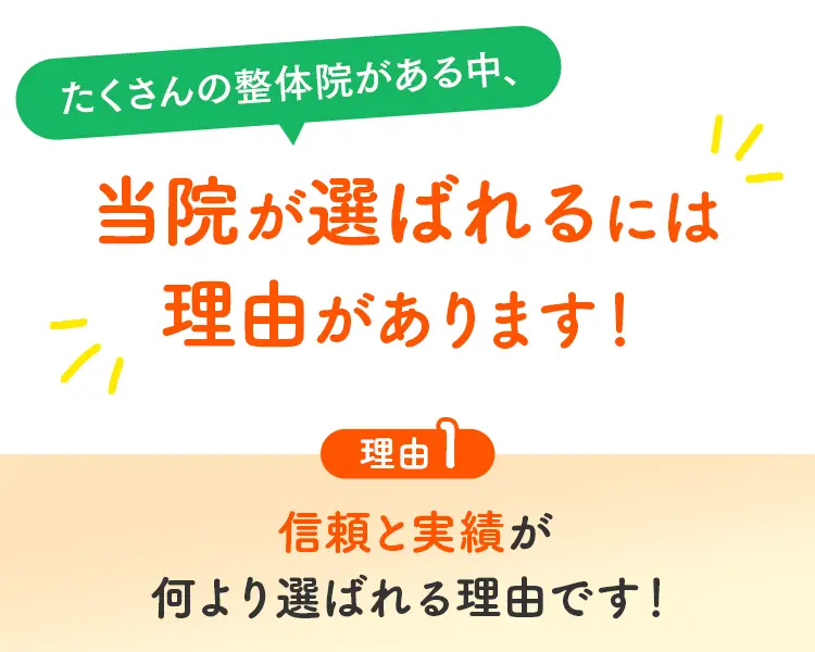 「当院が選ばれるには理由があります！」という見出しと、理由1として「信頼と実績」が何よりの理由であることを伝えるバナー画像。
