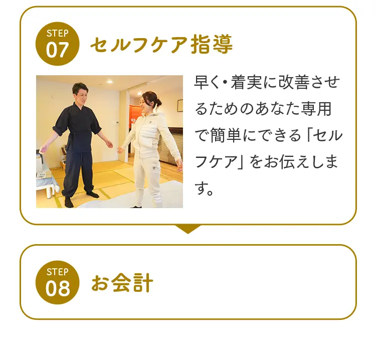 ステップ7「セルフケア指導」で自宅でできる簡単な運動を実演して伝える院長と、ステップ8「お会計」の案内。