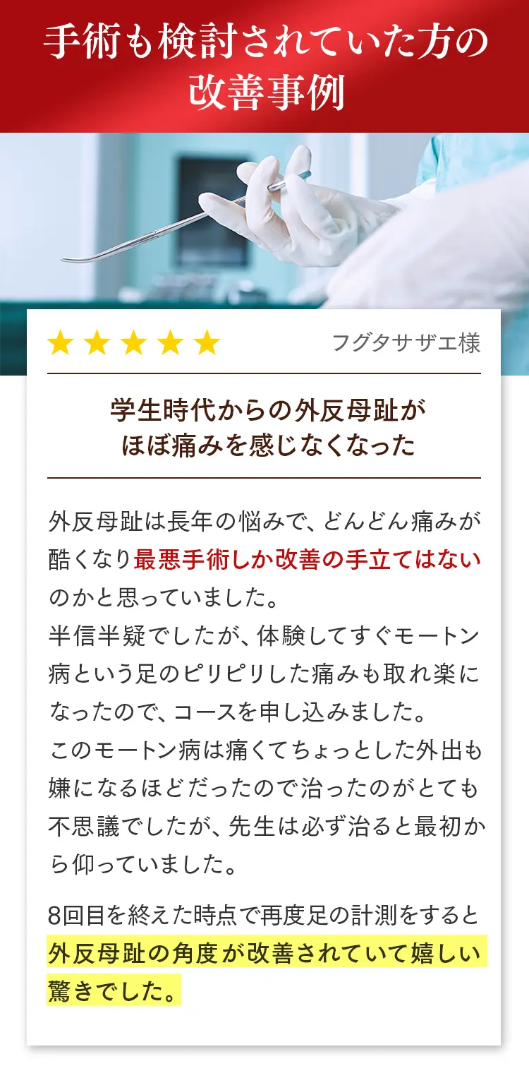 お客様の声（フグタサザエ様）：手術しかないと思っていた長年の痛み。モートン病のピリピリ感も取れ、嬉しい驚きです。
