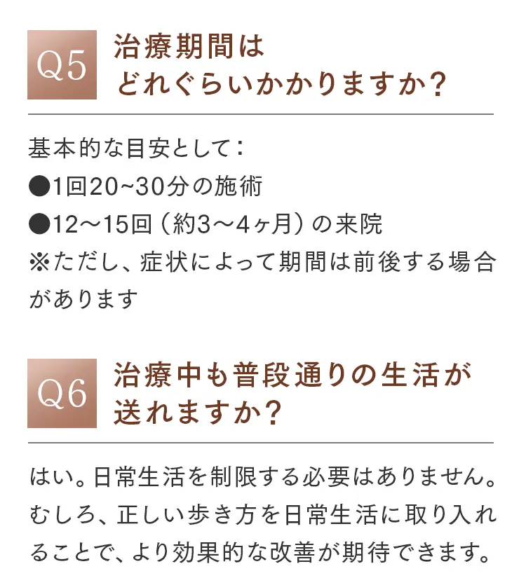 よくある質問：Q5.治療期間はどれくらい？（目安は週1回20-30分の施術を12-15回）、Q6.治療中も普段通りの生活が送れますか？（日常生活の制限なし）