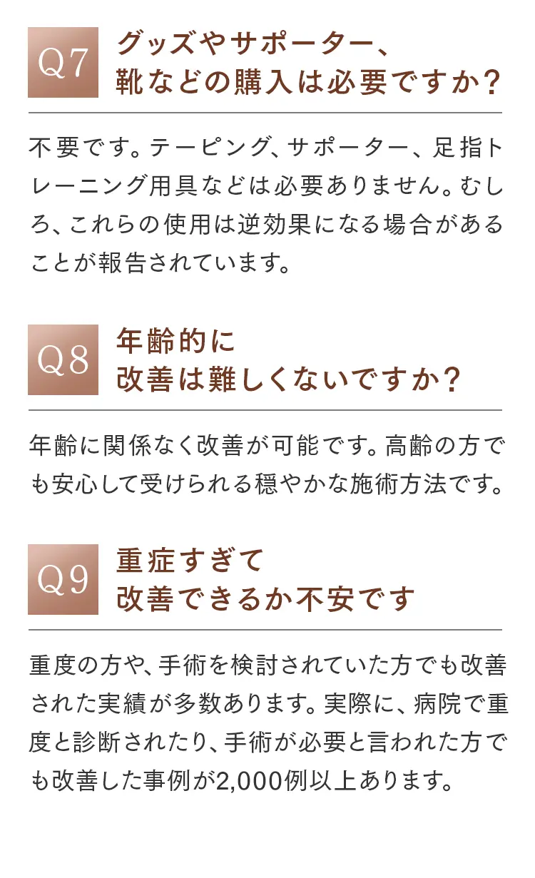 よくある質問：Q7.グッズや靴の購入は必要？（不要です）、Q8.年齢的に改善は難しい？（年齢関係なく可能）、Q9.重症すぎて不安（2,000例以上の重症改善実績あり）