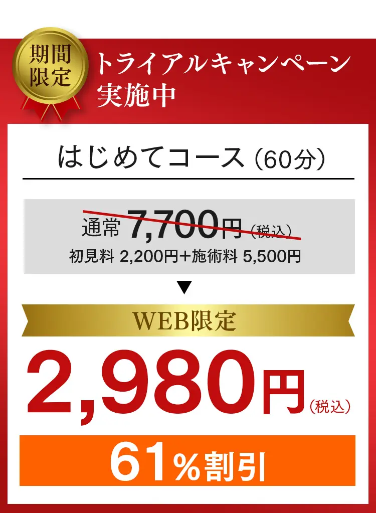 WEB限定トライアルキャンペーン：はじめてコース（60分）が通常7,700円のところ61%OFFの2,980円（税込）で受けられる案内。